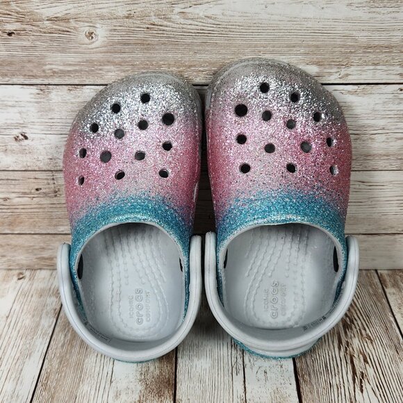 CROCS Toddler Baby 6C 6 Ombre Blue Pink Silver Glitter Slip On Clog Sandal Shoes - Picture 7 of 9